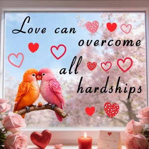 Romantic bird figurines on branch with 'Love can overcome all hardships' window sticker