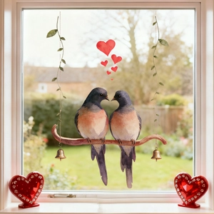 Détail d'autocollant de fenêtre avec oiseaux amoureux, cœurs rouges et cloches
