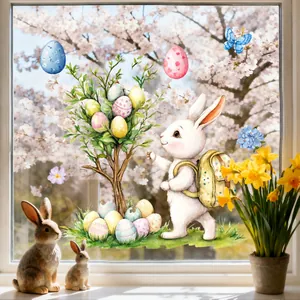 Close-up of Easter window stickers with cute rabbit, egg tree and butterfly designs