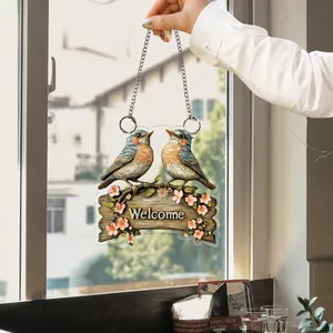 Detailed 2D acrylic garden welcome sign with colorful birds and floral design