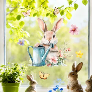 Detailed watercolor bunny with blue watering can and flower stickers on a sunlit glass window