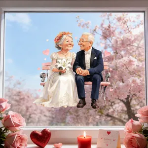 Detalle del adhesivo estático de acuarela con una pareja de ancianos en un banco rosa