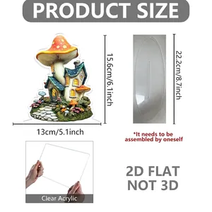 Detailed view of 2D acrylic mushroom house ornament with transparent base and dimensions