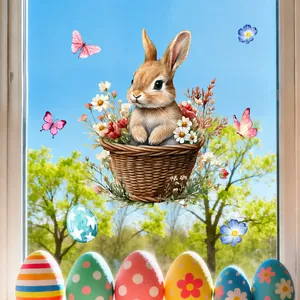 Easter window cling showing a cute brown bunny in a flower basket with butterflies