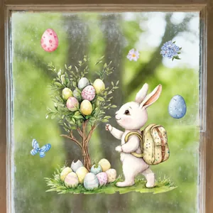 Detailed watercolor Easter window sticker featuring a rabbit, egg tree, and flowers