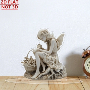 Flat 2D acrylic fairy ornament with flower basket on transparent round base stand