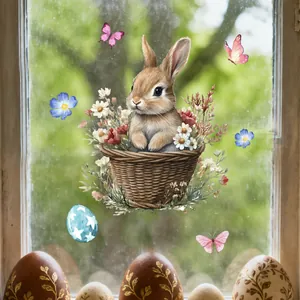 Detail of Easter bunny window sticker with flowers and eggs on a glass pane