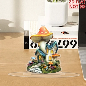 Detailed view of 2D flat acrylic mushroom house ornament on a wooden tabletop