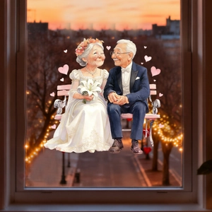 Détail d'un autocollant statique pour fenêtre avec un couple âgé sur fond de coucher