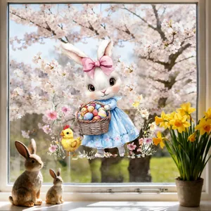 Easter bunny sticker with egg basket on glass window with blooming cherry blossoms