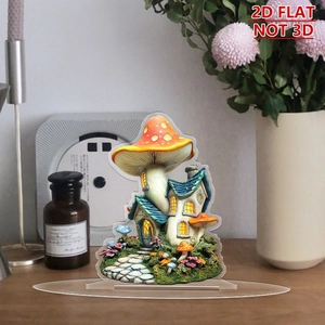 Detailed view of 2D acrylic mushroom house ornament on a transparent standing base