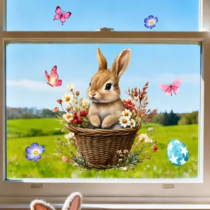 Close-up of Easter window sticker featuring a rabbit in a basket with colorful eggs
