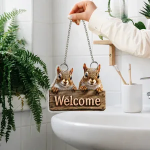 Detailed 2D acrylic door plaque featuring double squirrels and metal hanging chain