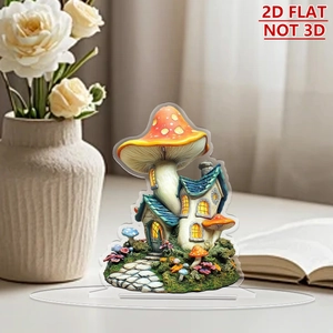 Detailed 2D acrylic mushroom house ornament with 3D visual effect and clear base stand