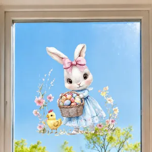 Easter static window cling featuring a cute bunny with floral basket and colorful eggs