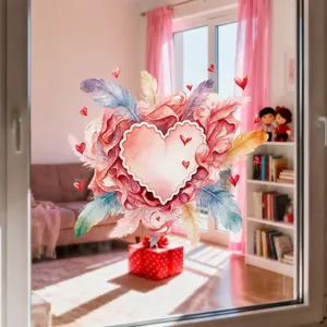 Vinilo decorativo de corazón con flores y plumas para ventana de vidrio hogar