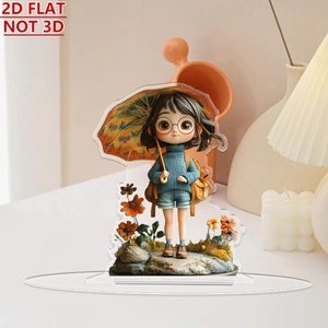 Flat 2D acrylic girl ornament with floral umbrella and glasses for home tabletop decoration