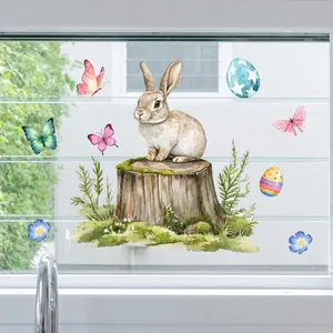 Detail of watercolor Easter bunny and colorful eggs on double-sided window stickers