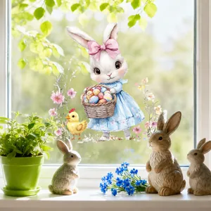 Easter window sticker showing a cute rabbit with egg basket and spring flower details