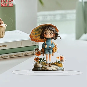 Detailed macro of 2D flat acrylic floral girl ornament with base for desk decor