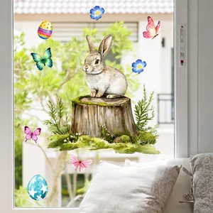 Detailed watercolor Easter window sticker featuring a cute rabbit and colorful floral eggs
