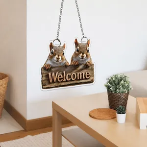 Detailed 2D flat acrylic squirrel welcome sign with metal chains for home wall decor