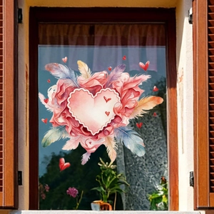 Détail d'autocollant de fenêtre cœur rose et plumes aquarelle sur verre
