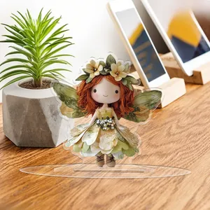 Detailed view of a 2D flat acrylic fairy stand with vibrant red hair and green wings