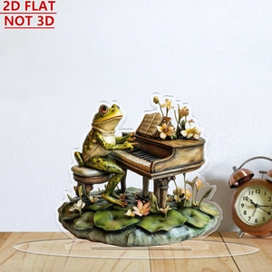 Flat 2D acrylic stand featuring a retro frog playing piano in a pond for home decor