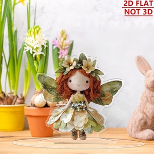 Detail of flower fairy 2D acrylic stand with translucent wings on a table