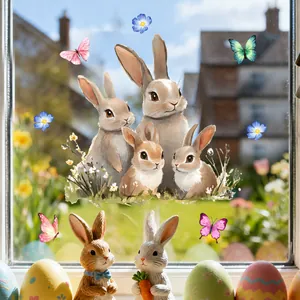 Easter rabbit family window clings with colorful butterflies and flowers on bright glass