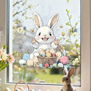 Detail of Easter window sticker featuring a cute bunny, colorful eggs, and floral patterns