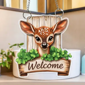 Detailed 2D flat acrylic hanging decor featuring a cute deer and Welcome sign with chain