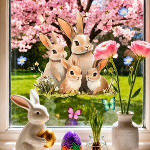 Close-up of Easter rabbit family window decals with colorful butterflies and flowers