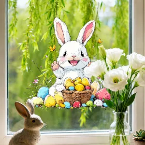 Detailed view of Easter static window sticker with cartoon bunny and colorful eggs on glass