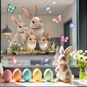 Easter static window clings featuring brown bunnies, colorful butterflies and flowers