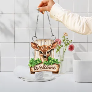 Flat 2D acrylic garden welcome sign featuring a cute deer and green clover with hanging chain