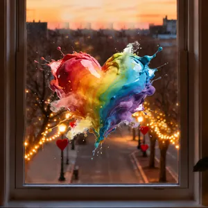 Detalle de pegatina de corazón colorida para ventana con fondo de calle al atardecer