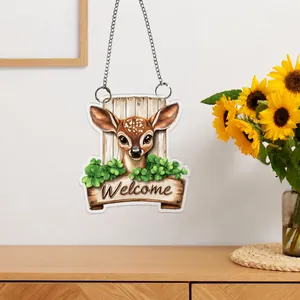 Detailed 2D flat acrylic Welcome sign with deer and clover patterns for home decoration