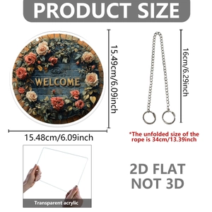 Afmetingen van 15,5 cm acryl welkomstbord met bloemmotief en metalen ophangketting