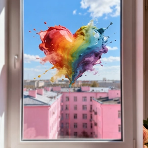 Autocollant de fenêtre cœur en éclaboussures arc-en-ciel sur verre avec vue urbaine