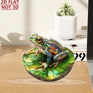 Detailed 2D flat acrylic ornament of a colorful glass-textured frog on a lily pad