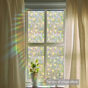 Detail of 3D rainbow window film with yellow floral pattern showing sunlight refraction