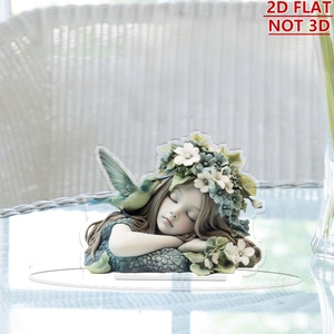 Detailed 2D acrylic flat ornament featuring a girl with flowers and a hummingbird decor