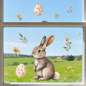 Detail of watercolor Easter window clings showing a cute rabbit and floral egg stickers