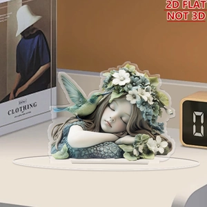 Detailed 2D flat acrylic floral girl ornament with sleeping beauty and hummingbird art