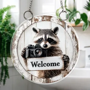 Detailed close-up of 2D acrylic welcome sign featuring a cute raccoon with a retro camera