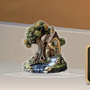 Flat 2D acrylic forest cabin ornament with 3D effect printing and transparent base