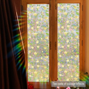 Rainbow holographic window film with yellow rose patterns and collage effect