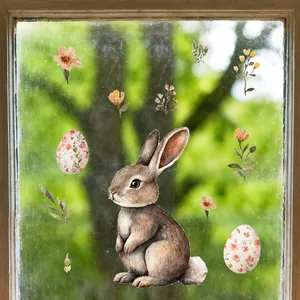Detail of Easter static window clings featuring a cute bunny and floral painted eggs